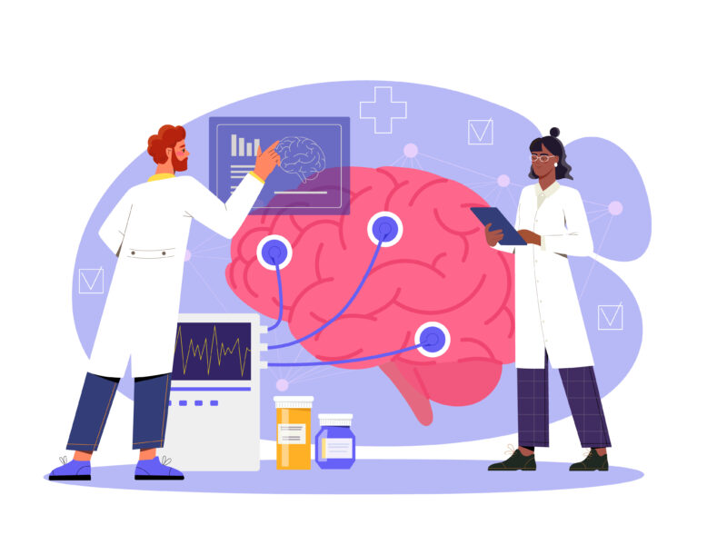 Illustration of two scientists and a human brain