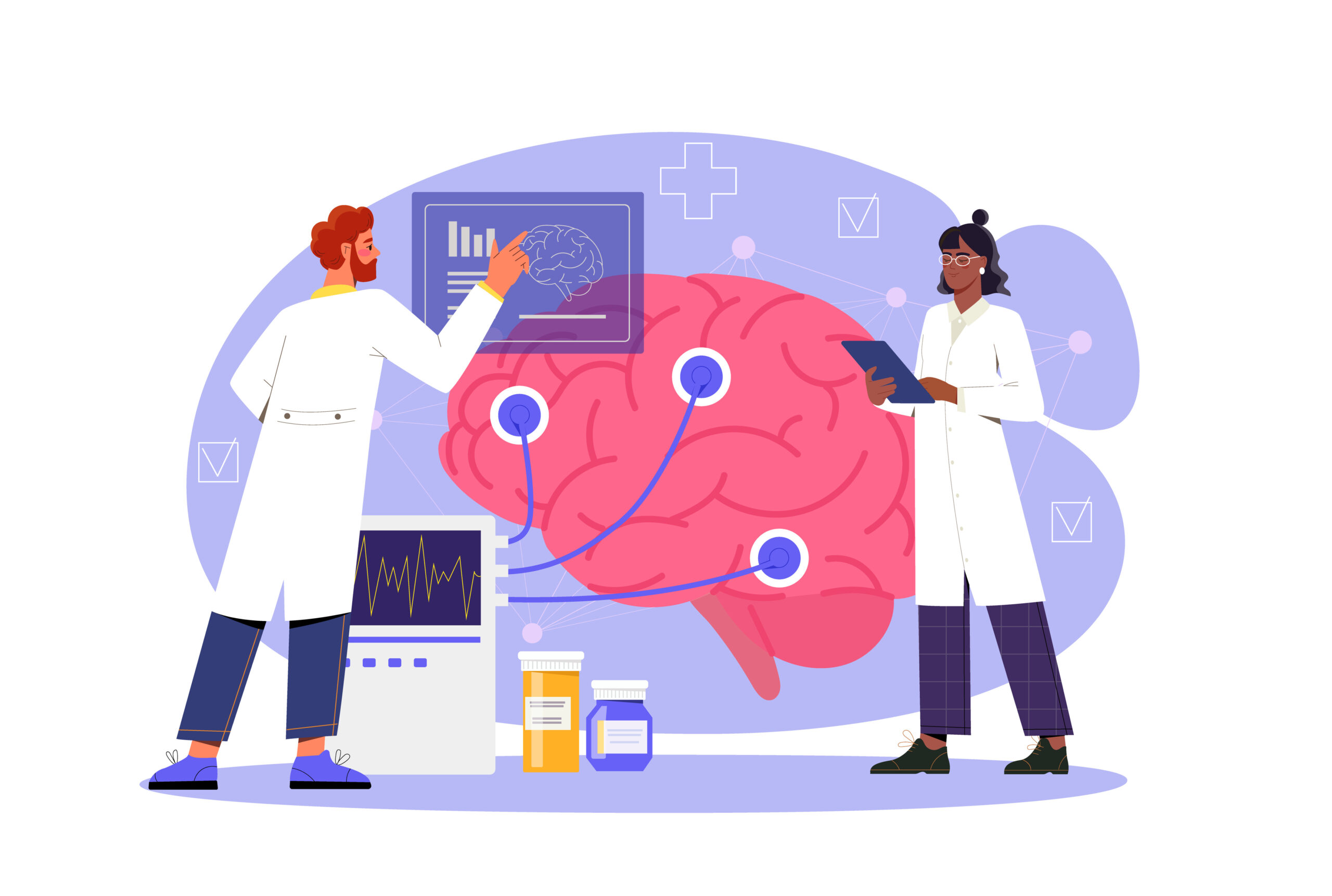 Illustration of two scientists and a human brain