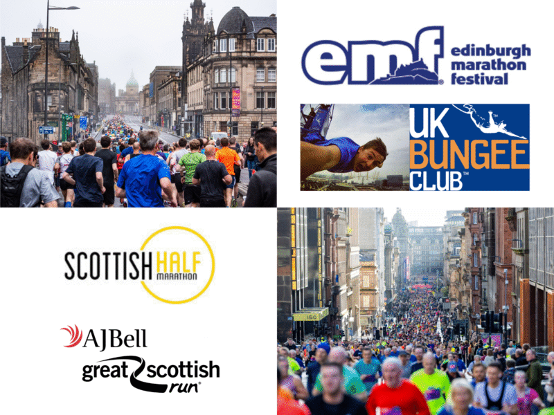 Logos and photos of participants in challenge events in Scotland.