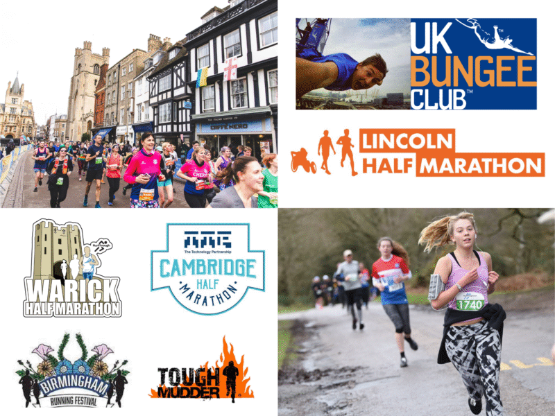 Logos and photos of participants in challenge events in England's Midlands.