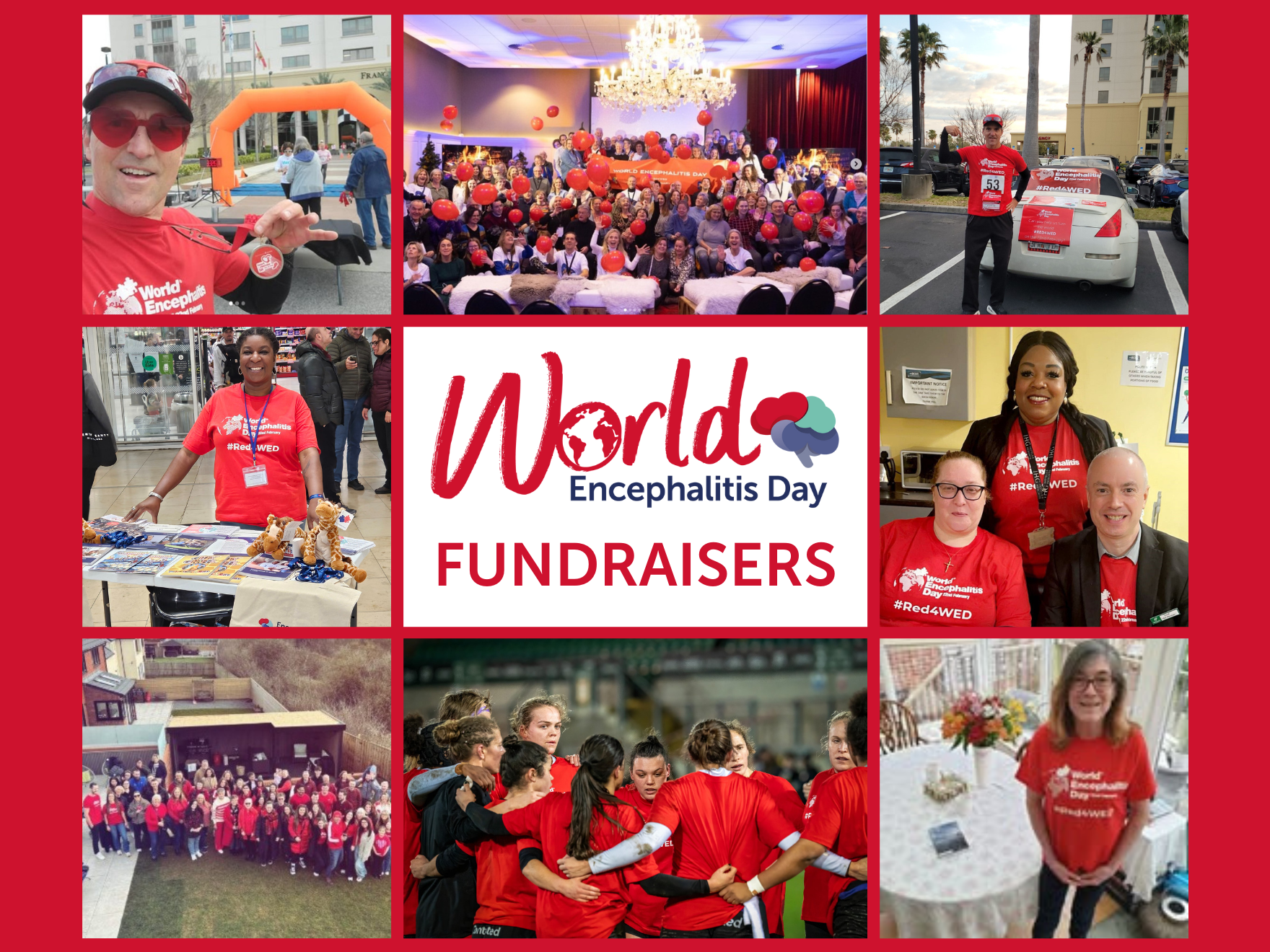 Images of people gathered for World Encephalitis Day - many people wearing red.