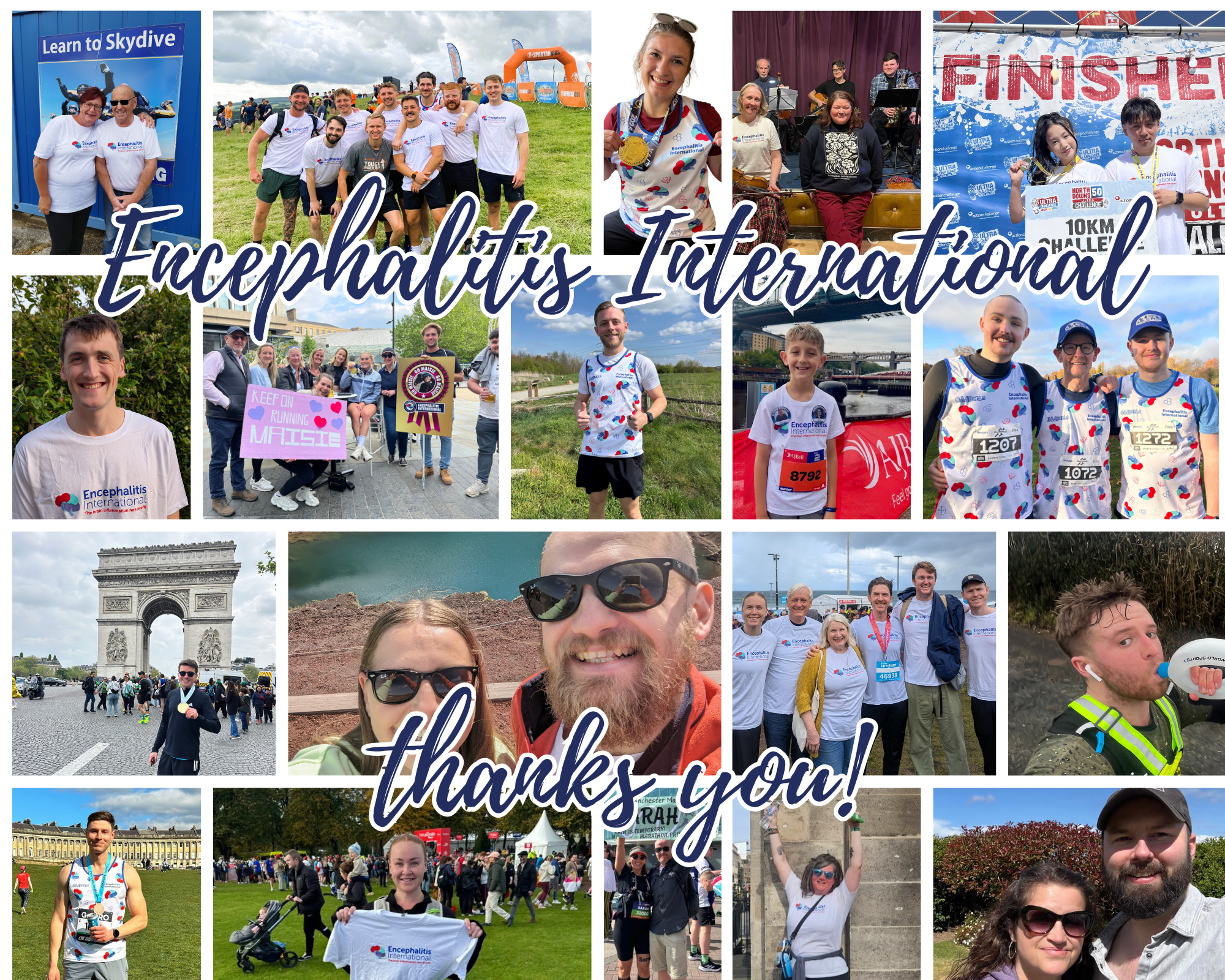 A collage of photos featuring Encephalitis International fundraisers, with a 'thank you' message. 